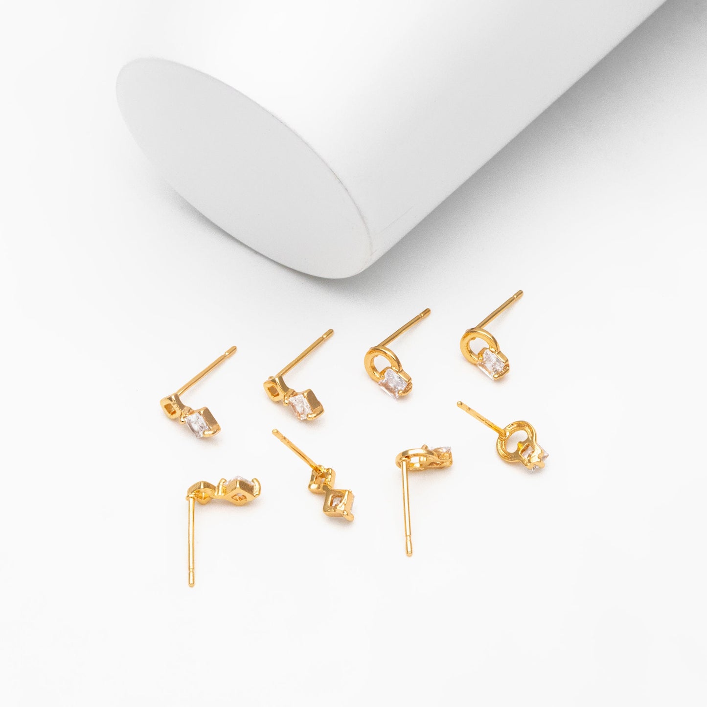 10pcs CZ Pave Geometric Earrings, Real Gold Plated Brass, Dainty Stud Earrings (#GB-4009)