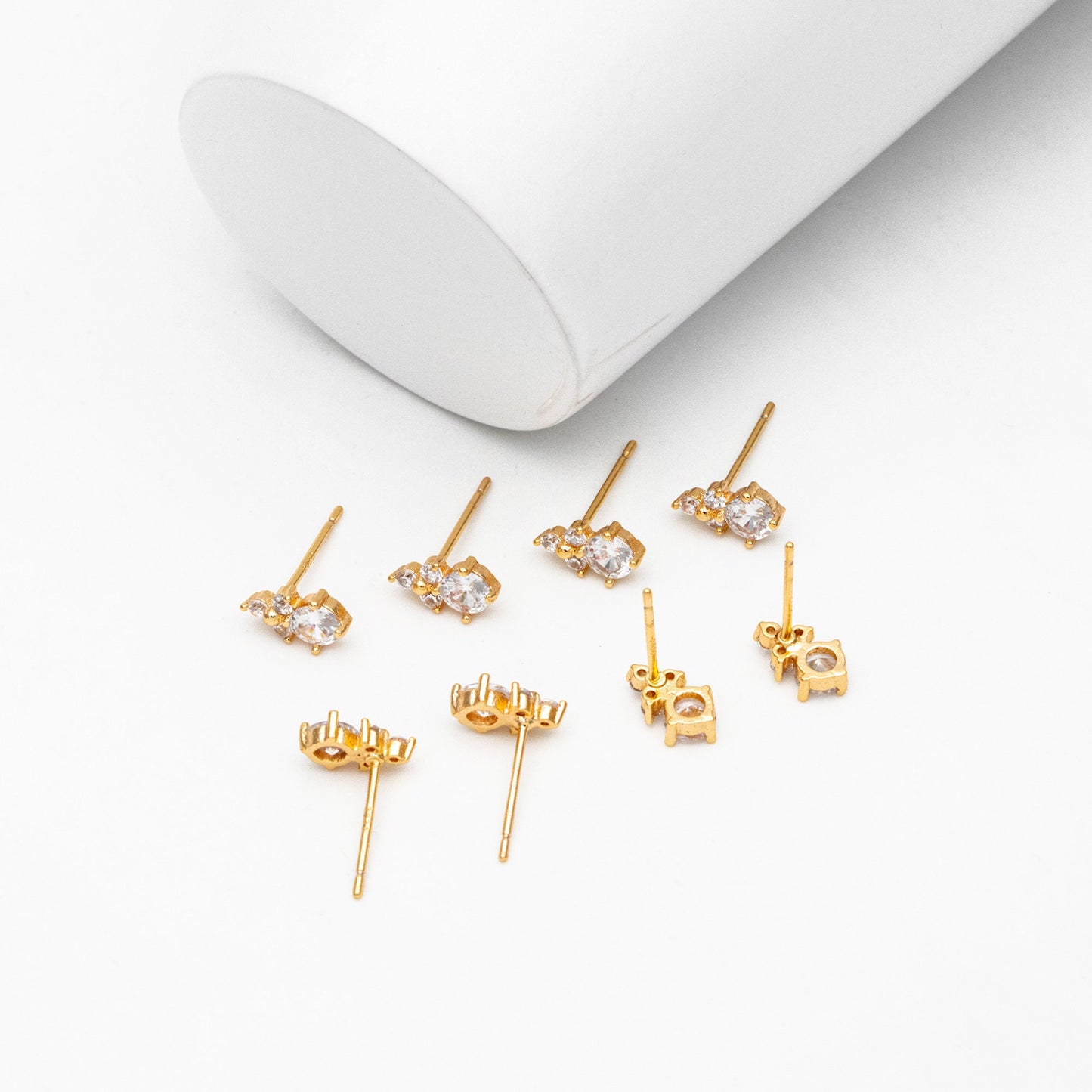 4pcs CZ Pave Round Earrings 9x5mm, Gold Plated Brass Dainty Stud Earrings (GB-4011)