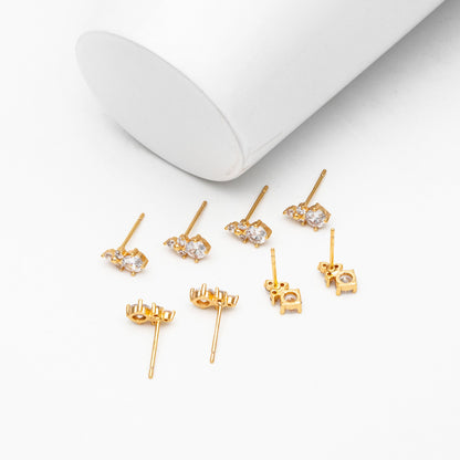 4pcs CZ Pave Round Earrings 9x5mm, Gold Plated Brass Dainty Stud Earrings (GB-4011)