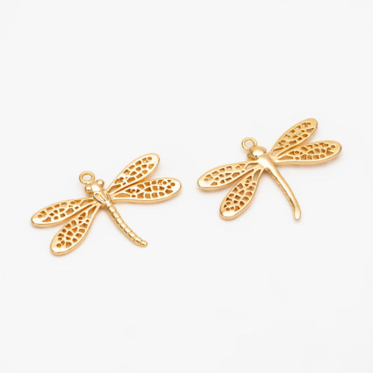 4pcs Gold/ Silver Dragonfly Charm 15x22mm, 18K Gold/ Rhodium Plated Brass, Cute Dragonfly Pendants (GB-3196-D)