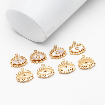 4pcs Shell Pave Evil Eye Charm, 14x14mm, 18K Gold plated Brass, CZ Eye Pendants (GB-1819-G)