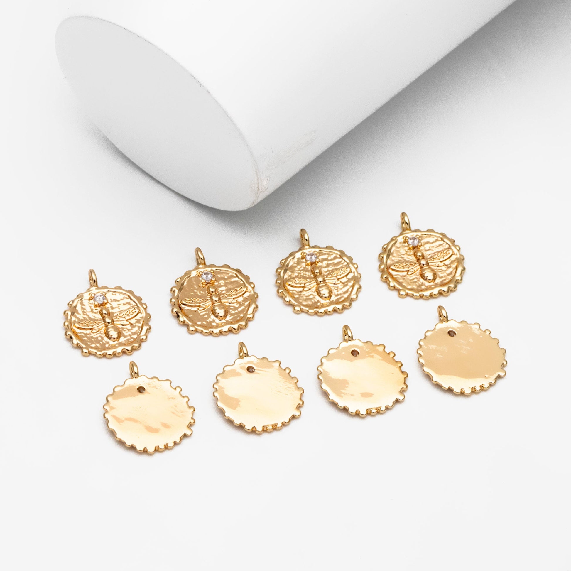 10pcs CZ Pave Gold Bee Fossil Charms, Gear Pendants 16x13mm, Earring Findings, Jewelry Making Supplies (GB-3093-A)