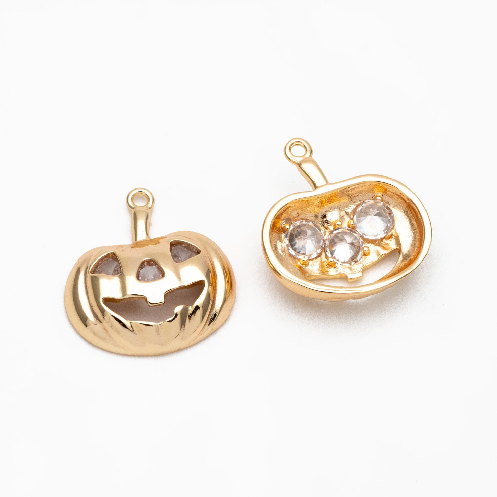 4pcs Gold CZ Pave Jack O Lantern Charm 20x18mm, Real Gold plated Brass, Halloween Pumpkin Pendants (GB-3941)