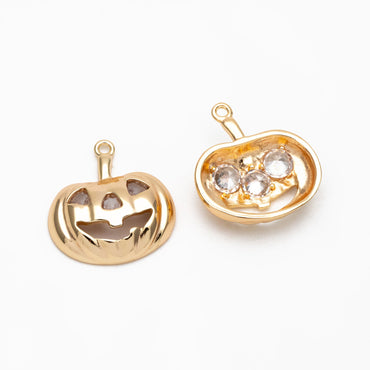 4pcs Gold CZ Pave Jack O Lantern Charm 20x18mm, Real Gold plated Brass, Halloween Pumpkin Pendants (GB-3941)