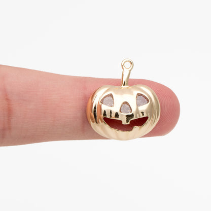 4pcs Gold CZ Pave Jack O Lantern Charm 20x18mm, Real Gold plated Brass, Halloween Pumpkin Pendants (GB-3941)