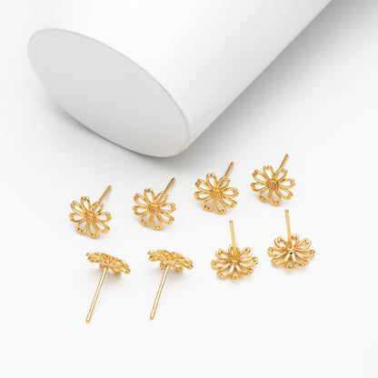 10pcs Gold Flower Earring, 9mm, Gold Plated Brass Daisy Stud Earrings, DIY Ear Findings (GB-3946)