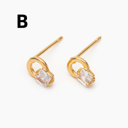 10pcs CZ Pave Geometric Earrings, Real Gold Plated Brass, Dainty Stud Earrings (#GB-4009)