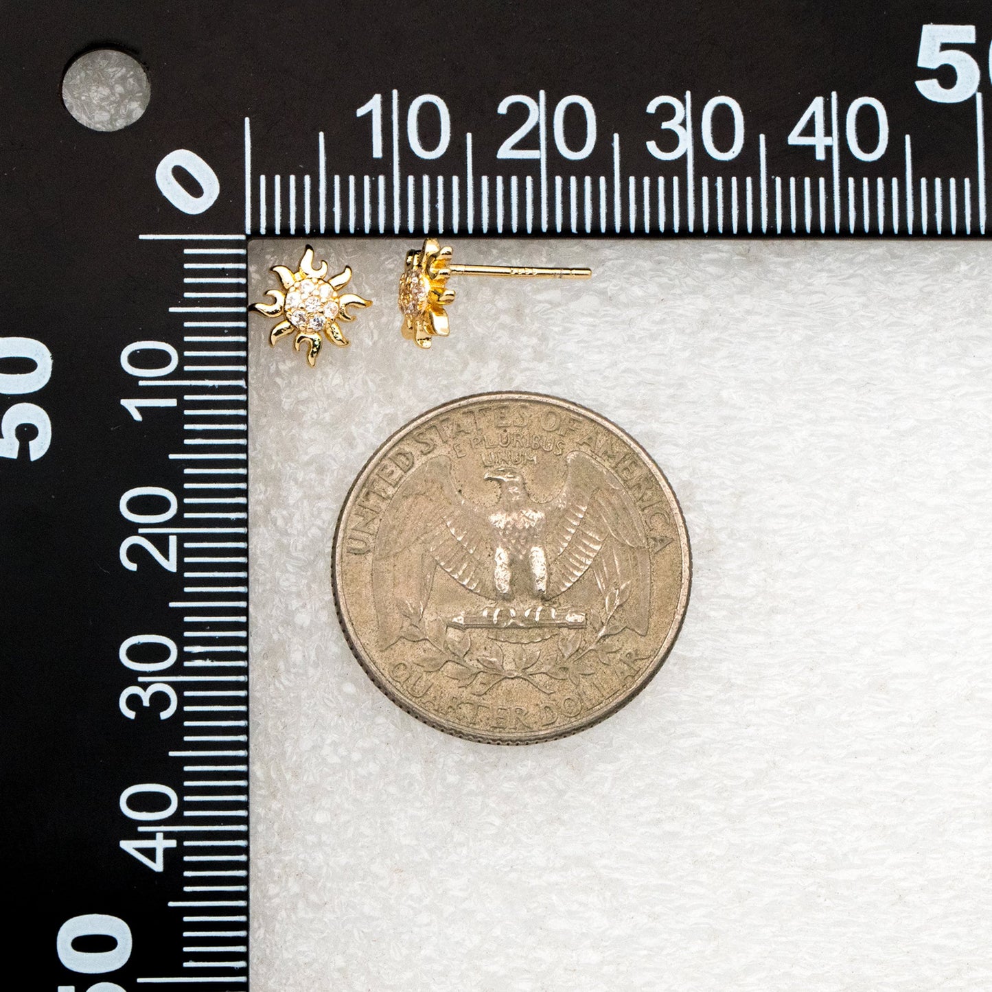 10pcs CZ Pave Gold Sun Earrings 9mm, Real Gold Plated Brass Stud Earrings (#GB-3041-L)