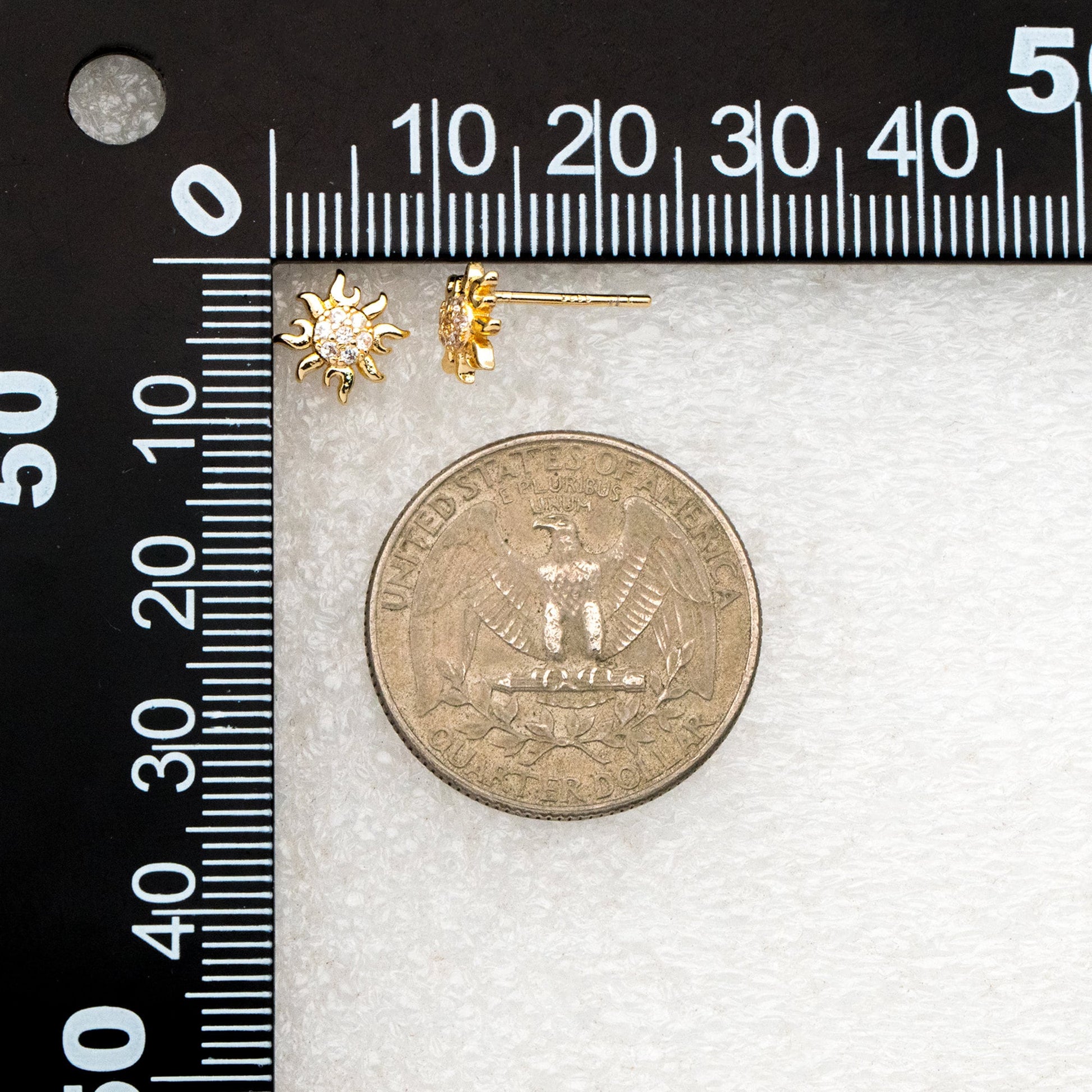 10pcs CZ Pave Gold Sun Earrings 9mm, Real Gold Plated Brass Stud Earrings (#GB-3041-L)