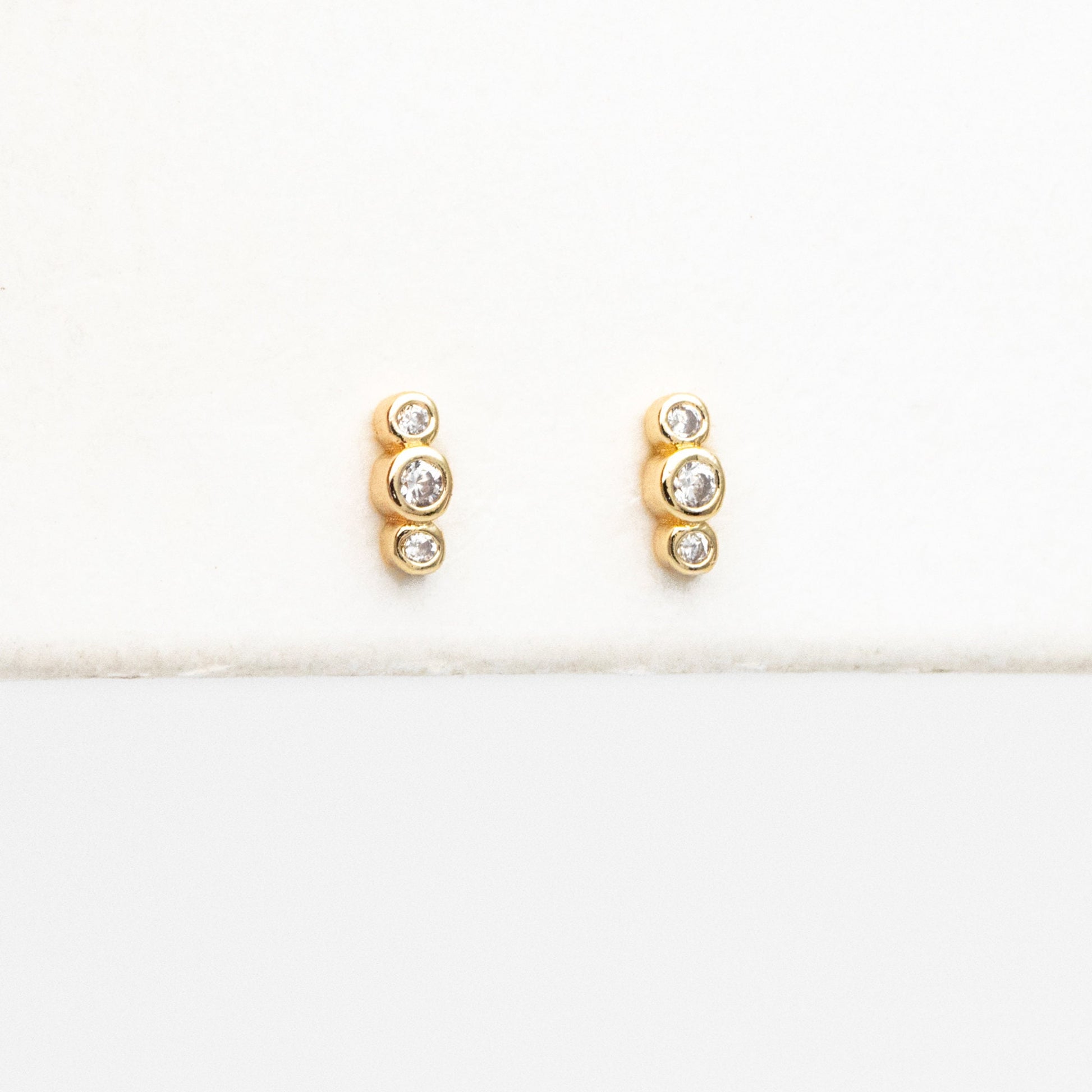 10pcs CZ Pave Dainty Trinity Earrings 5x2mm, Real Gold Plated Brass Minimalist Stud Earrings (#GB-4021)