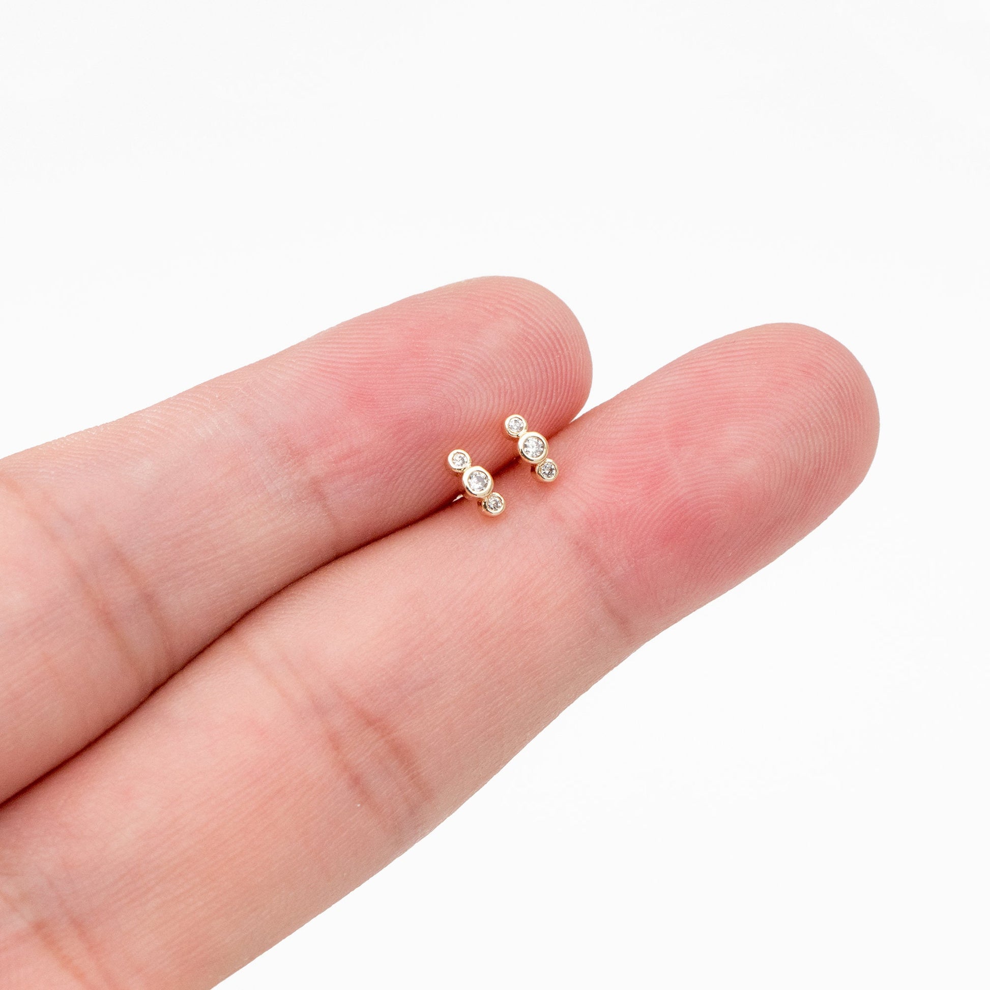 10pcs CZ Pave Dainty Trinity Earrings 5x2mm, Real Gold Plated Brass Minimalist Stud Earrings (#GB-4021)