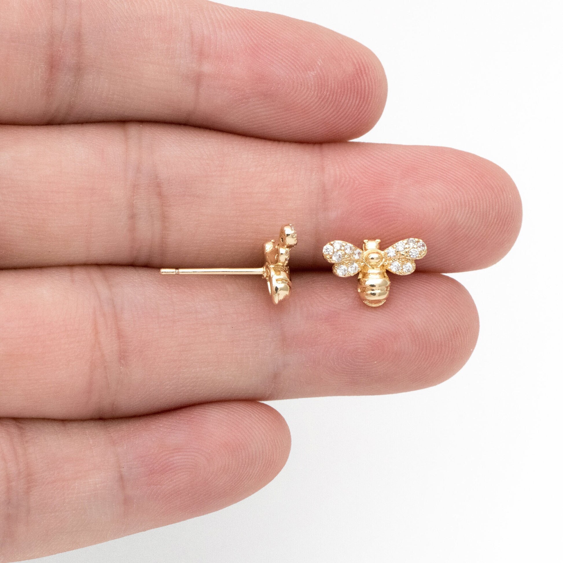 4pcs CZ pave Gold Bee Ear posts 8x12mm, Real Gold Plated Brass Stud Earrings (GB-3278)