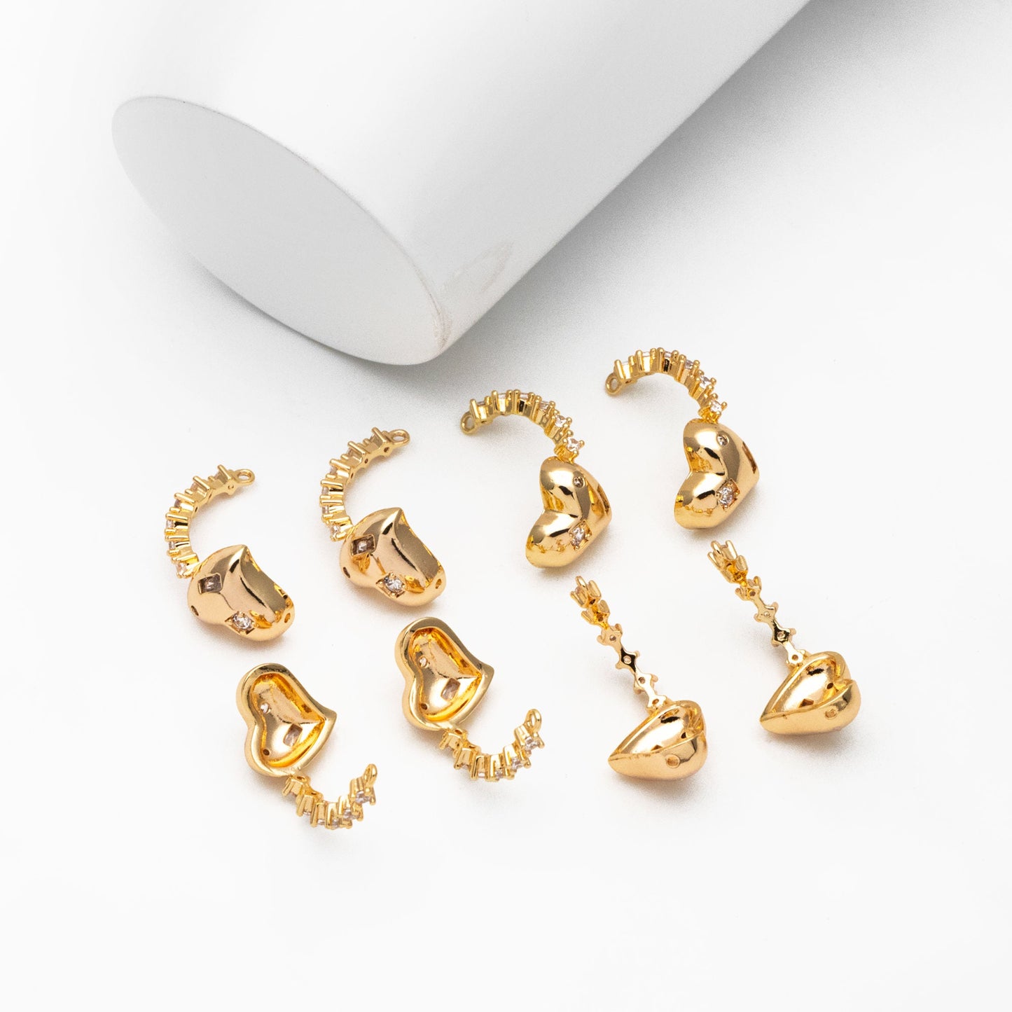 4pcs CZ pave Gold Heart Ring Connector, Half Circle Connector (GB-3906)