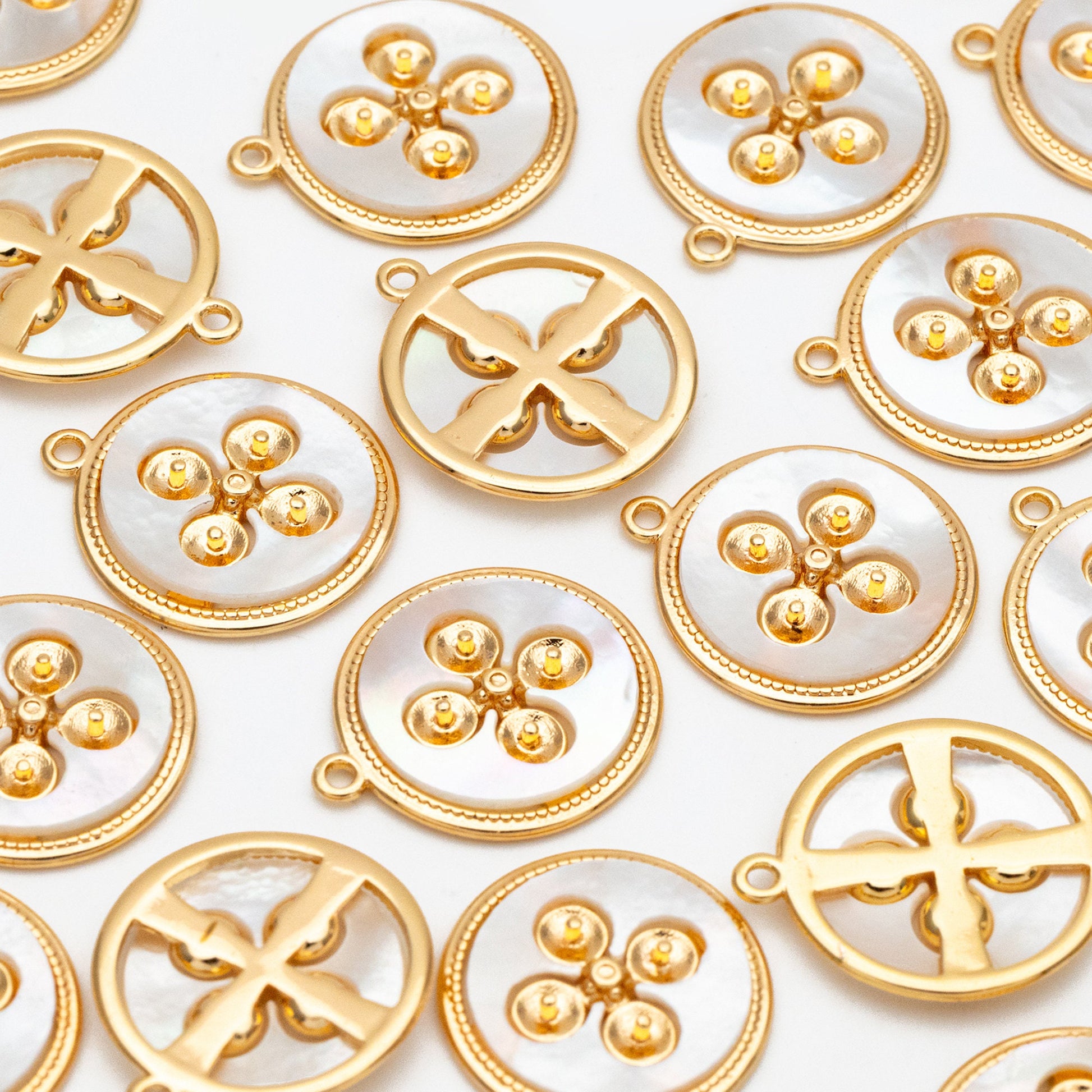 4pcs Shell Pave Gold Disc Charms 15mm, 18K Gold plated Brass, Pearl Peg Mounts, Half Drilled Pearl Settings (GB-3926)