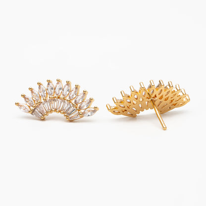 4pcs CZ Pave Fan Shaped Earrings, Real Gold Plated Fan Stud Earrings (#GB-3929)