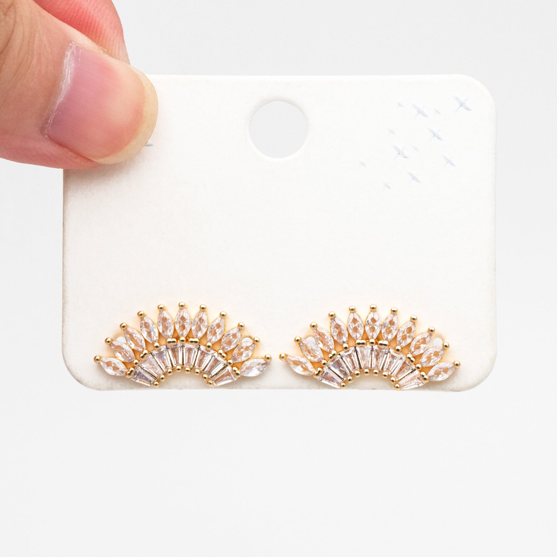 4pcs CZ Pave Fan Shaped Earrings, Real Gold Plated Fan Stud Earrings (#GB-3929)