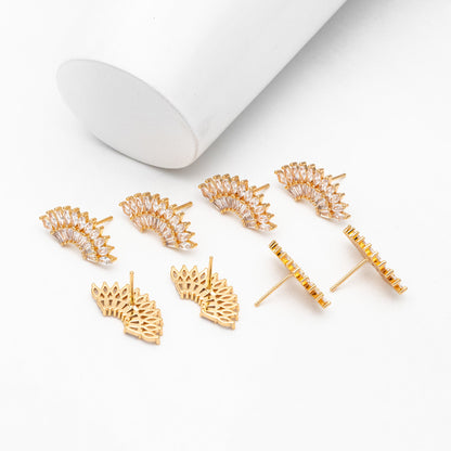 4pcs CZ Pave Fan Shaped Earrings, Real Gold Plated Fan Stud Earrings (#GB-3929)