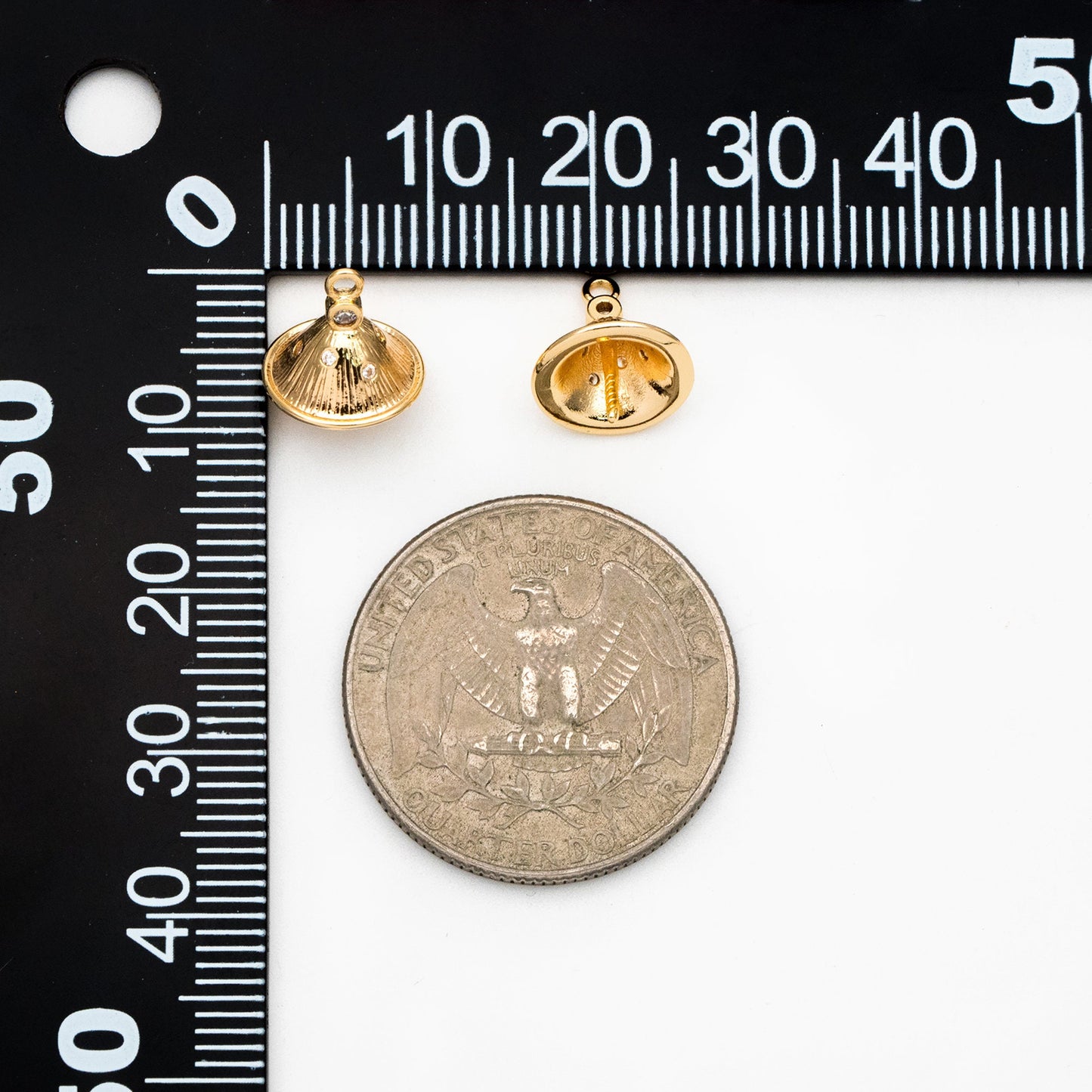 10pcs CZ Pave Gold Bead Caps, Real Gold plated Brass, Peg For Half Drilled Pearl Mounts, Peg Pearl Findings (GB-3942)