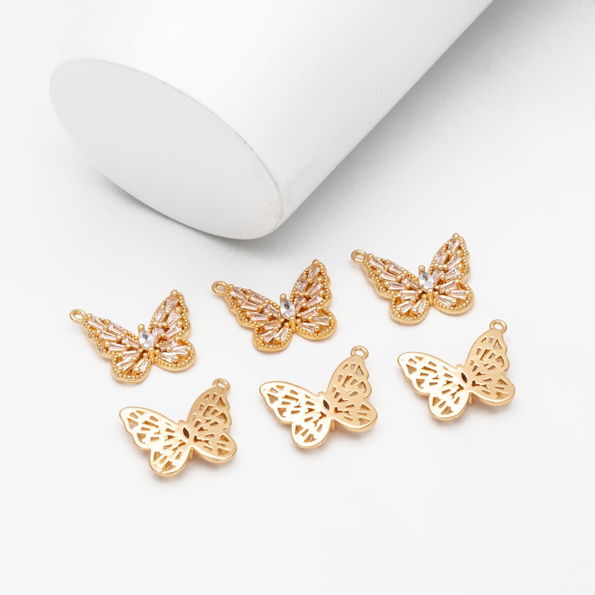4pcs Gold plated Brass Hollow Butterfly Charms, CZ pave Butterfly Filigree Pendants (GB-3561-B)
