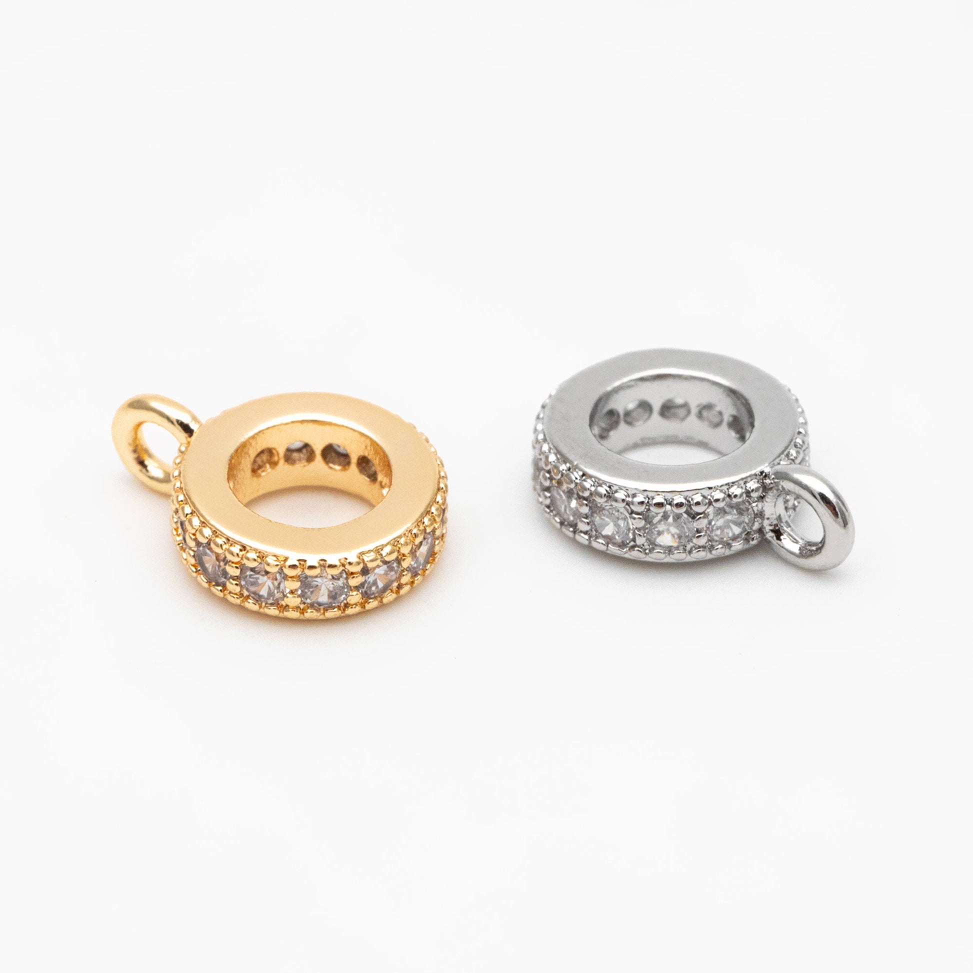 10pcs CZ Pave Gold/ Silver Bail Beads, Bail Charm Holder Spacer with Loop, Tube Bails, Cord Bails, Slider Bails, Spacer Ring (GB-1328-C)