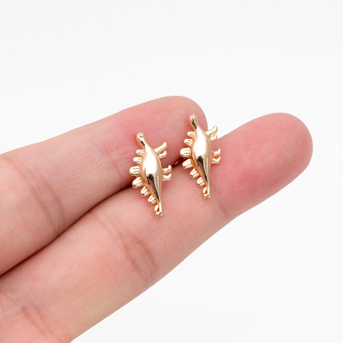 10pcs Gold Dinosaur Earrings 8x17mm, Gold Plated Brass, Cute Dinosaur Stud Earrings (GB-4028)