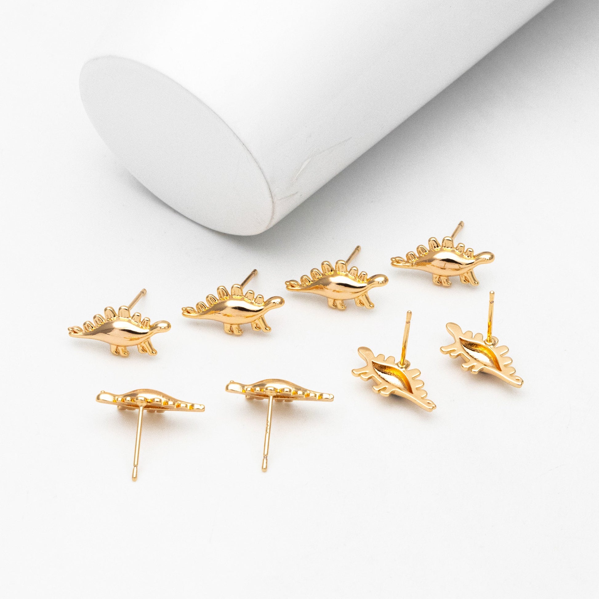 10pcs Gold Dinosaur Earrings 8x17mm, Gold Plated Brass, Cute Dinosaur Stud Earrings (GB-4028)