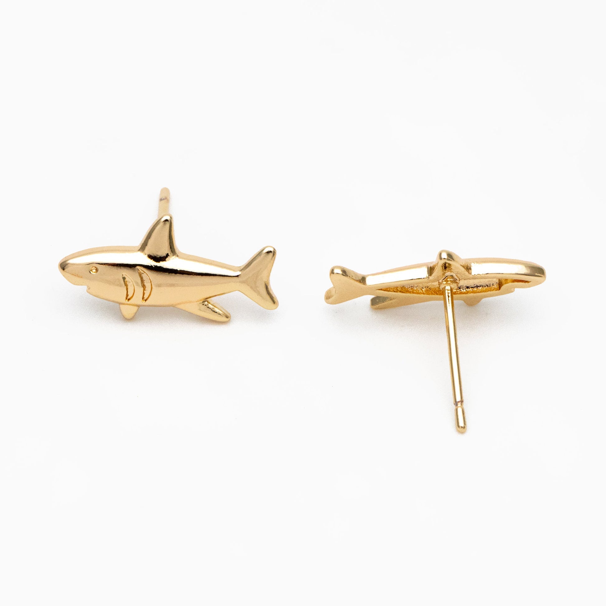 10pcs Gold Shark Earrings 8x16mm, Gold Plated Brass Ocean Stud Earrings (GB-4460-F)