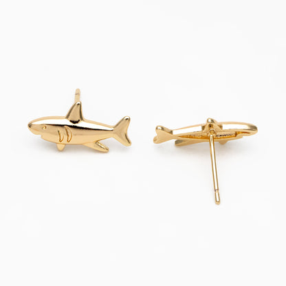 10pcs Gold Shark Earrings 8x16mm, Gold Plated Brass Ocean Stud Earrings (GB-4460-F)