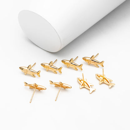 10pcs Gold Shark Earrings 8x16mm, Gold Plated Brass Ocean Stud Earrings (GB-4030)