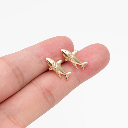 10pcs Gold Shark Earrings 8x16mm, Gold Plated Brass Ocean Stud Earrings (GB-4460-F)
