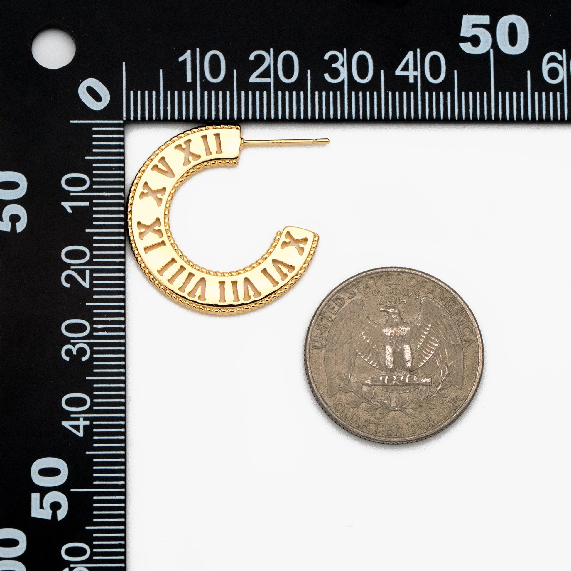 4pcs Gold Roman Numerals Round Circle Earrings 26mm, Gold plated Brass, Dainty Geometric Hoop Stud Earrings (GB-4034)