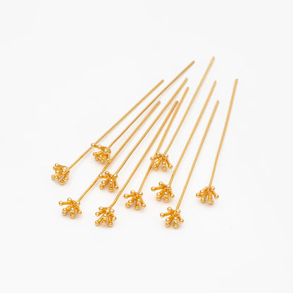 10pcs Gold Flower Head Pins 6mm/ 8mm, Gold plated Brass Headpins (GB-4035)