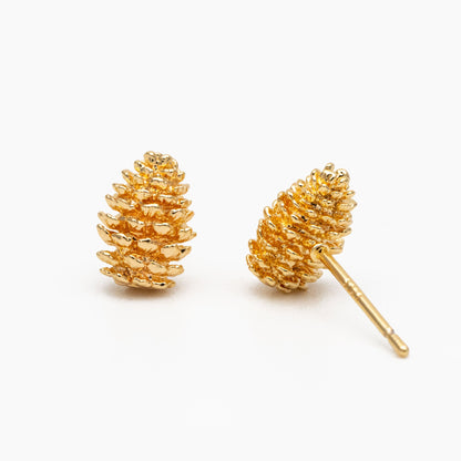 10pcs Gold Pine Cone Earrings 9x7mm, Gold Plated Brass Minimalist Stud Earrings (GB-4040)