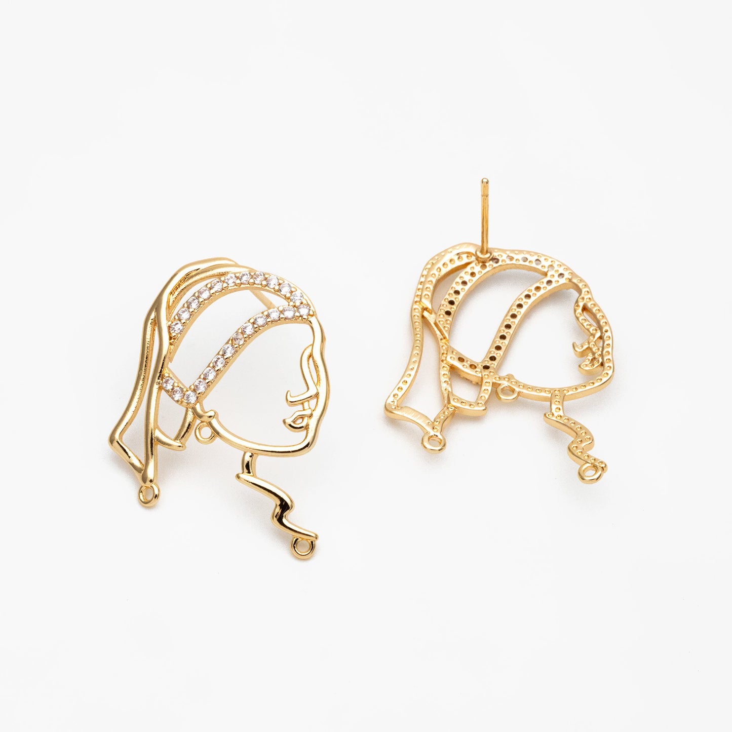 4pcs CZ Pave Gold Girl Earring with 3 Loops, Beauty Stud Earrings, Art Lover Earring, Earring Supplies (GB-4041)