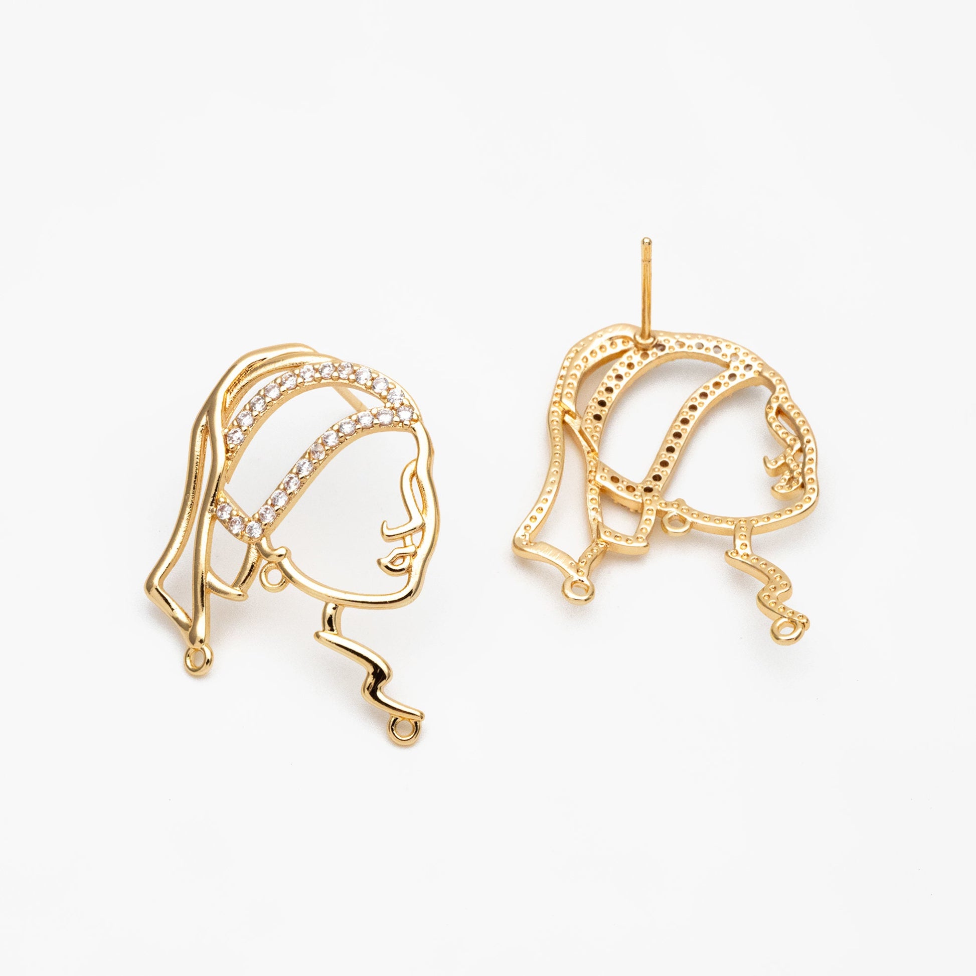 4pcs CZ Pave Gold Girl Earring with 3 Loops, Beauty Stud Earrings, Art Lover Earring, Earring Supplies (GB-4041)