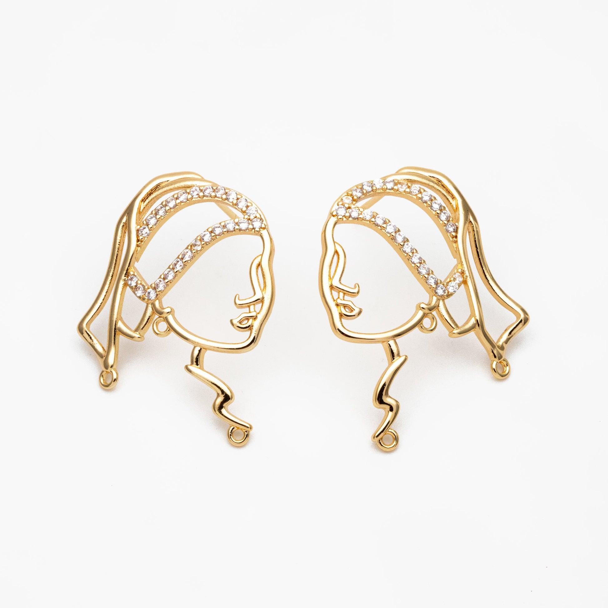 4pcs CZ Pave Gold Girl Earring with 3 Loops, Beauty Stud Earrings, Art Lover Earring, Earring Supplies (GB-4041)