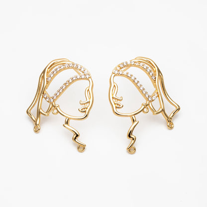 4pcs CZ Pave Gold Girl Earring with 3 Loops, Beauty Stud Earrings, Art Lover Earring, Earring Supplies (GB-4041)
