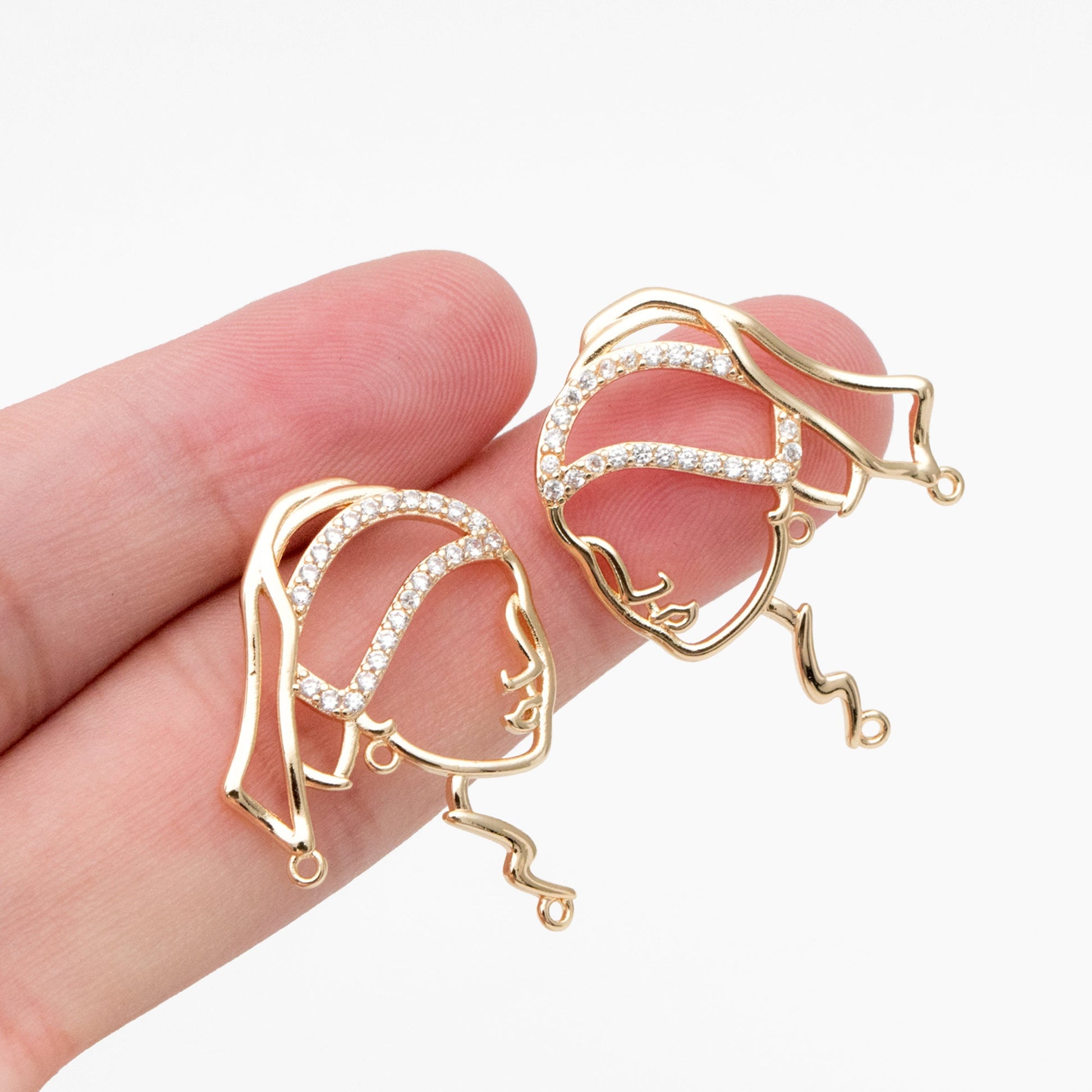 4pcs CZ Pave Gold Girl Earring with 3 Loops, Beauty Stud Earrings, Art Lover Earring, Earring Supplies (GB-4041)