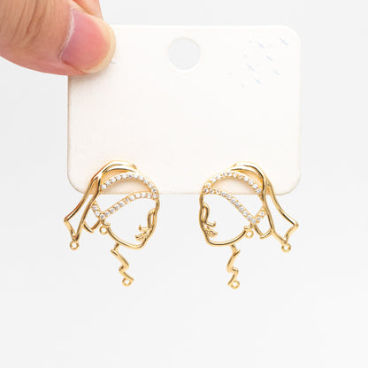 4pcs CZ Pave Gold Girl Earring with 3 Loops, Beauty Stud Earrings, Art Lover Earring, Earring Supplies (GB-4041)
