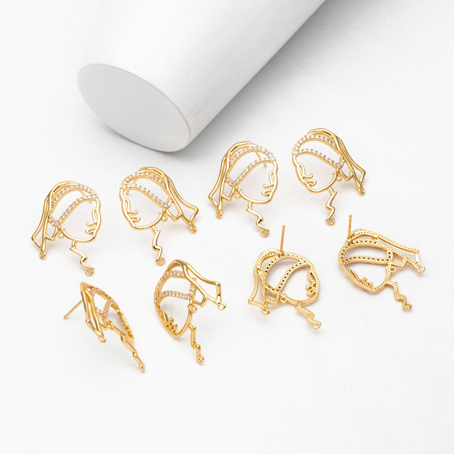 4pcs CZ Pave Gold Girl Earring with 3 Loops, Beauty Stud Earrings, Art Lover Earring, Earring Supplies (GB-4041)