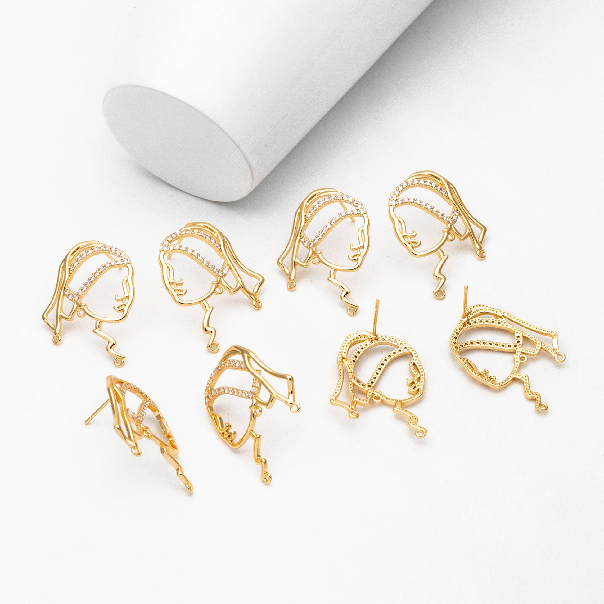 4pcs CZ Pave Gold Girl Earring with 3 Loops, Beauty Stud Earrings, Art Lover Earring, Earring Supplies (GB-4041)