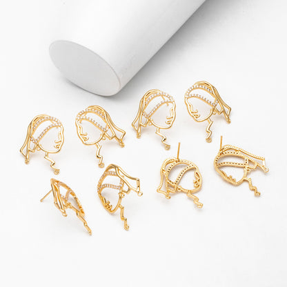 4pcs CZ Pave Gold Girl Earring with 3 Loops, Beauty Stud Earrings, Art Lover Earring, Earring Supplies (GB-4041)