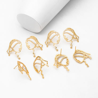 4pcs CZ Pave Gold Girl Earring with 3 Loops, Beauty Stud Earrings, Art Lover Earring, Earring Supplies (GB-4041)