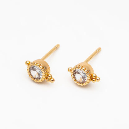 10pcs CZ Pave Round Ear Posts 8x5mm, Gold Plated Brass Dainty Stud Earrings (GB-3914)