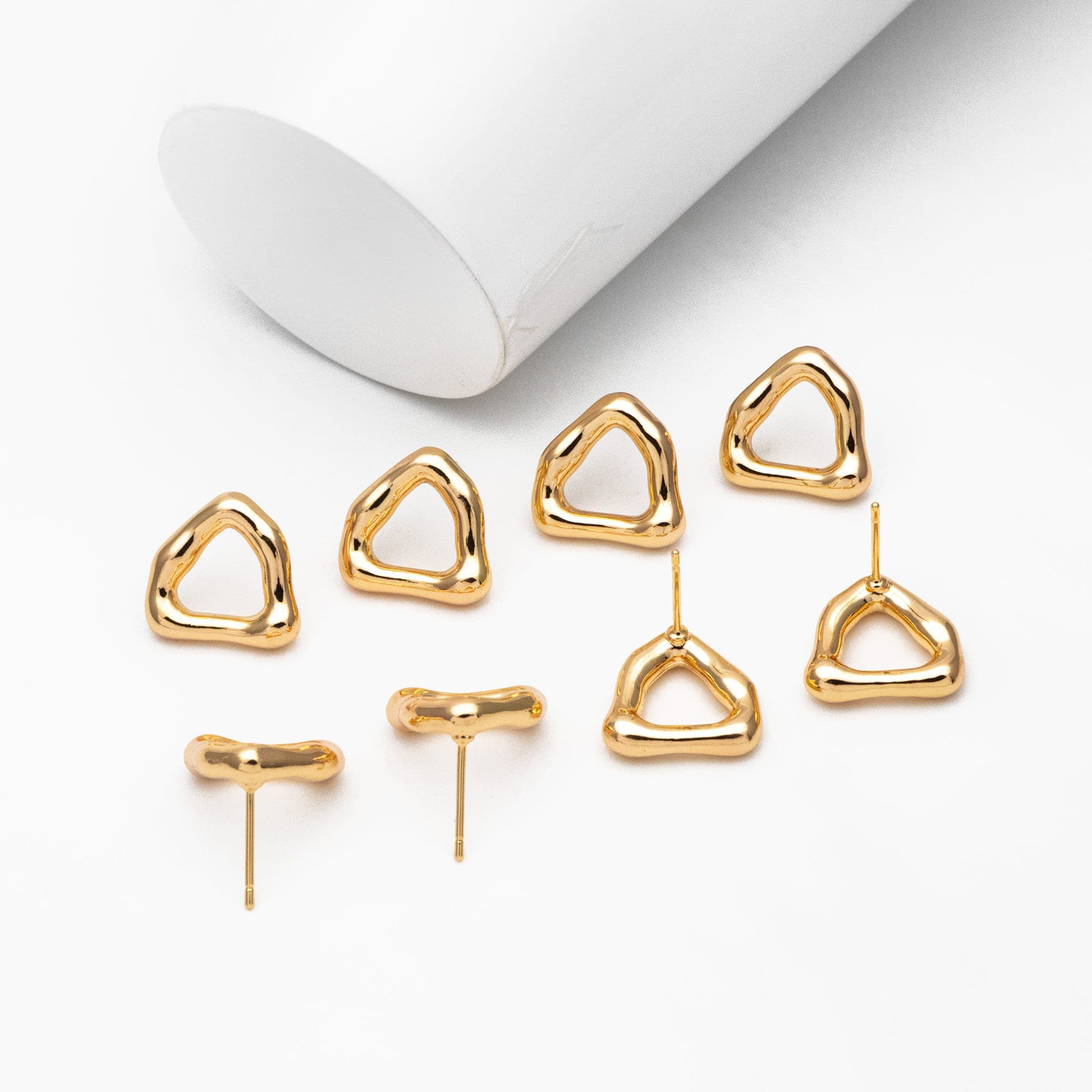 10pcs Gold Triangle Ear Posts 14X15mm, Real Gold Plated Brass, Geometric Earring Studs (GB-3989)