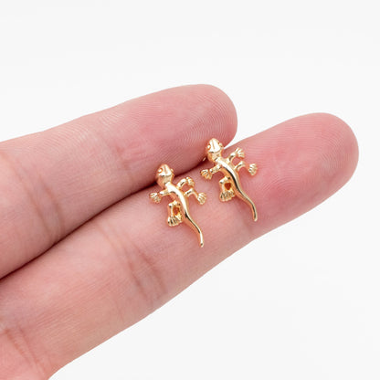 10pcs Gold Gecko Earrings 15x9mm, Gold Plated Brass Lizard Stud Earrings (GB-3998)