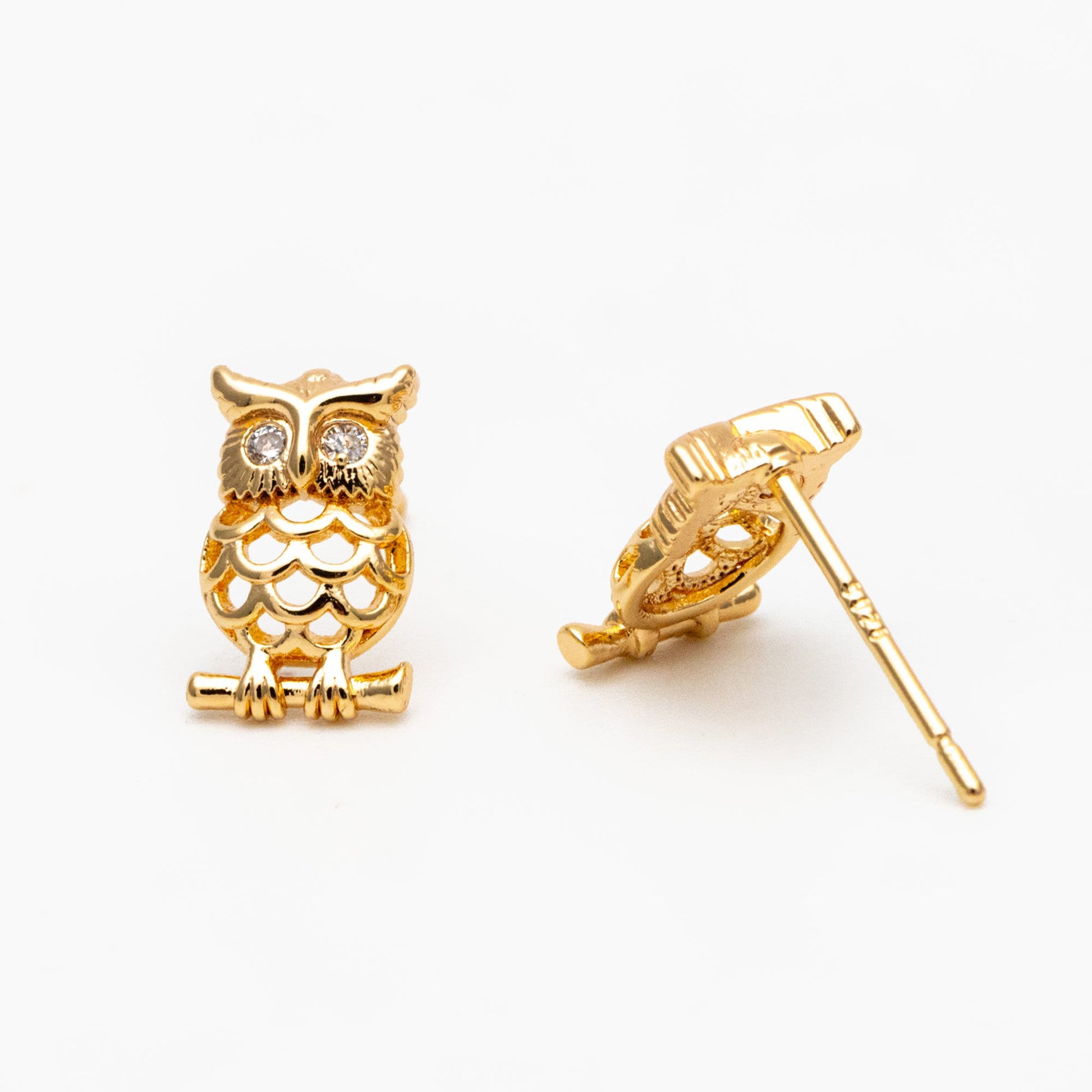 10pcs CZ Pave Gold Owl Earrings 11x7mm, Gold Plated Brass, Bird Stud Earrings (GB-3999)