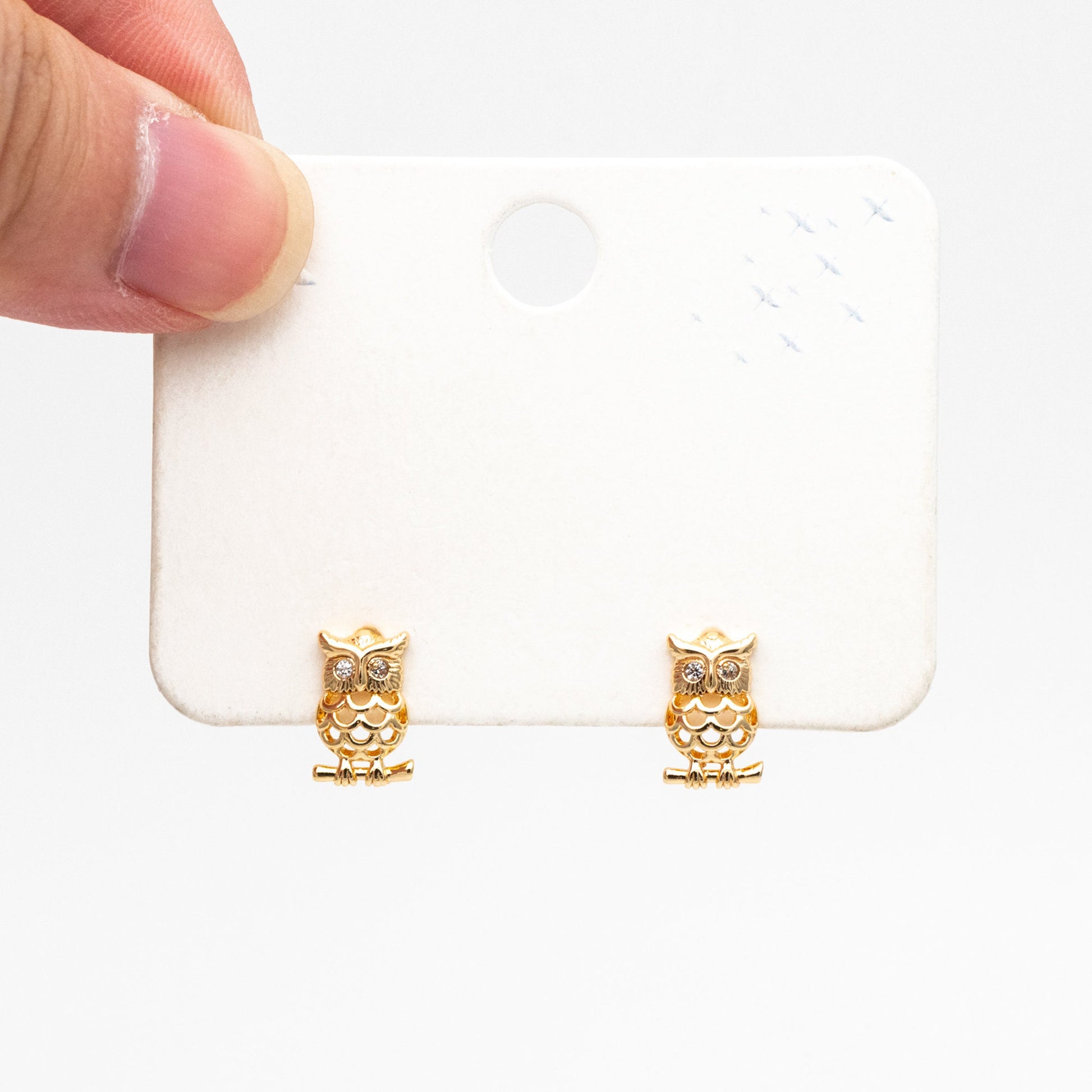 10pcs CZ Pave Gold Owl Earrings 11x7mm, Gold Plated Brass, Bird Stud Earrings (GB-3999)