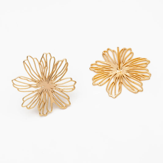 4pcs Gold/ Silver Hollow Flower Post Earrings 22x23mm, Gold/ Rhodium plated Brass Floral Stud Earring (#GB-4000)