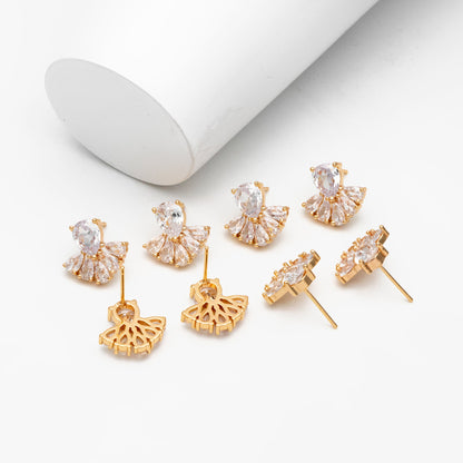 4pcs CZ Pave Gold Fan Shape Earring Posts, Gold Plated Brass Fan Stud Earrings (GB-3961)